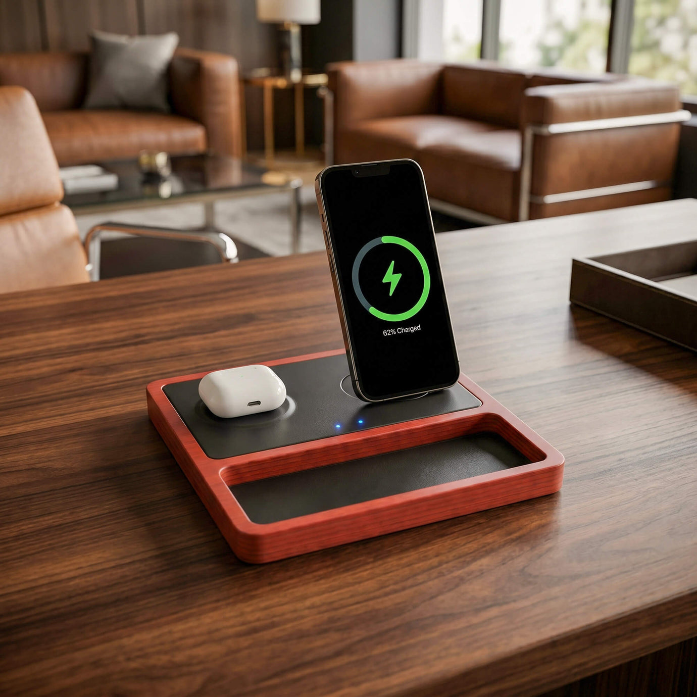 NYTSTND DUO TRAY - Qi2 Magnetic Wireless Charging Dock Black/Oak — angled lifestyle shot shown charging devices