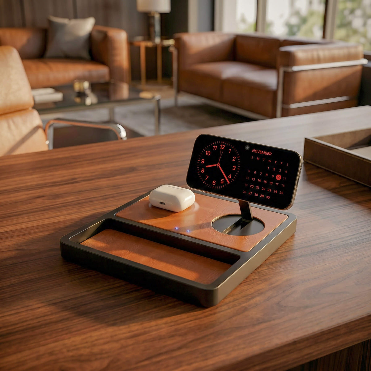 NYTSTND DUO TRAY - Qi2 Magnetic Wireless Charging Dock Saddle/Black — angled product hero on table