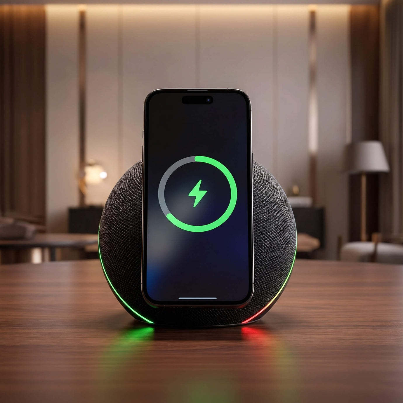 NYTSTND ORBE · Qi2.2 Certified Wireless Charging Speaker — front angled product hero showing speaker charging pad with phone