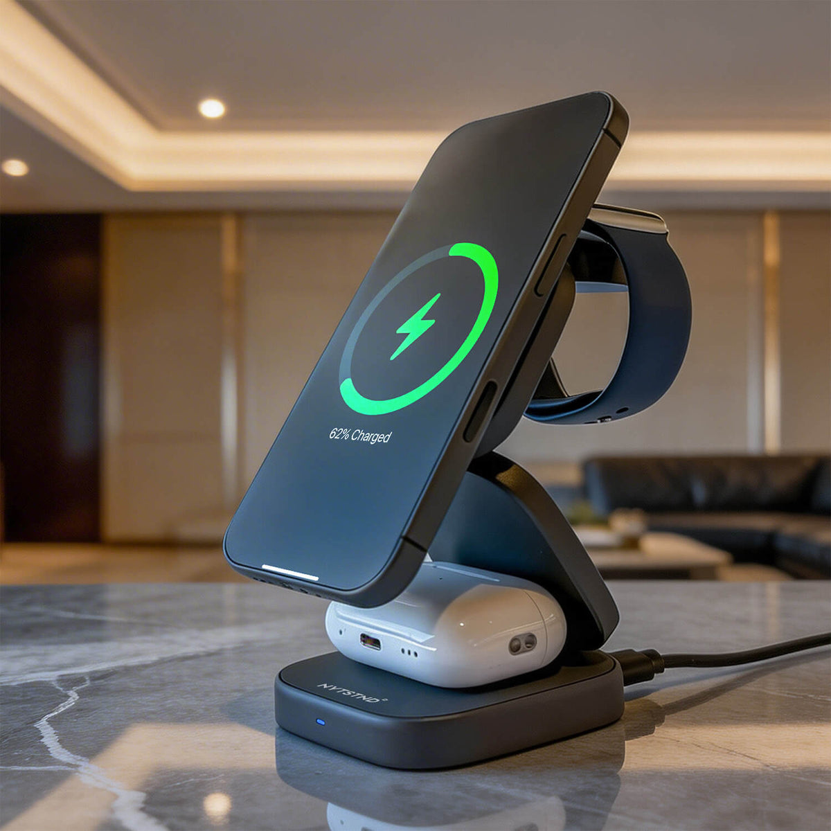 NYTSTND Trio Flex Qi2 Fast Wireless Charger — angled product hero view