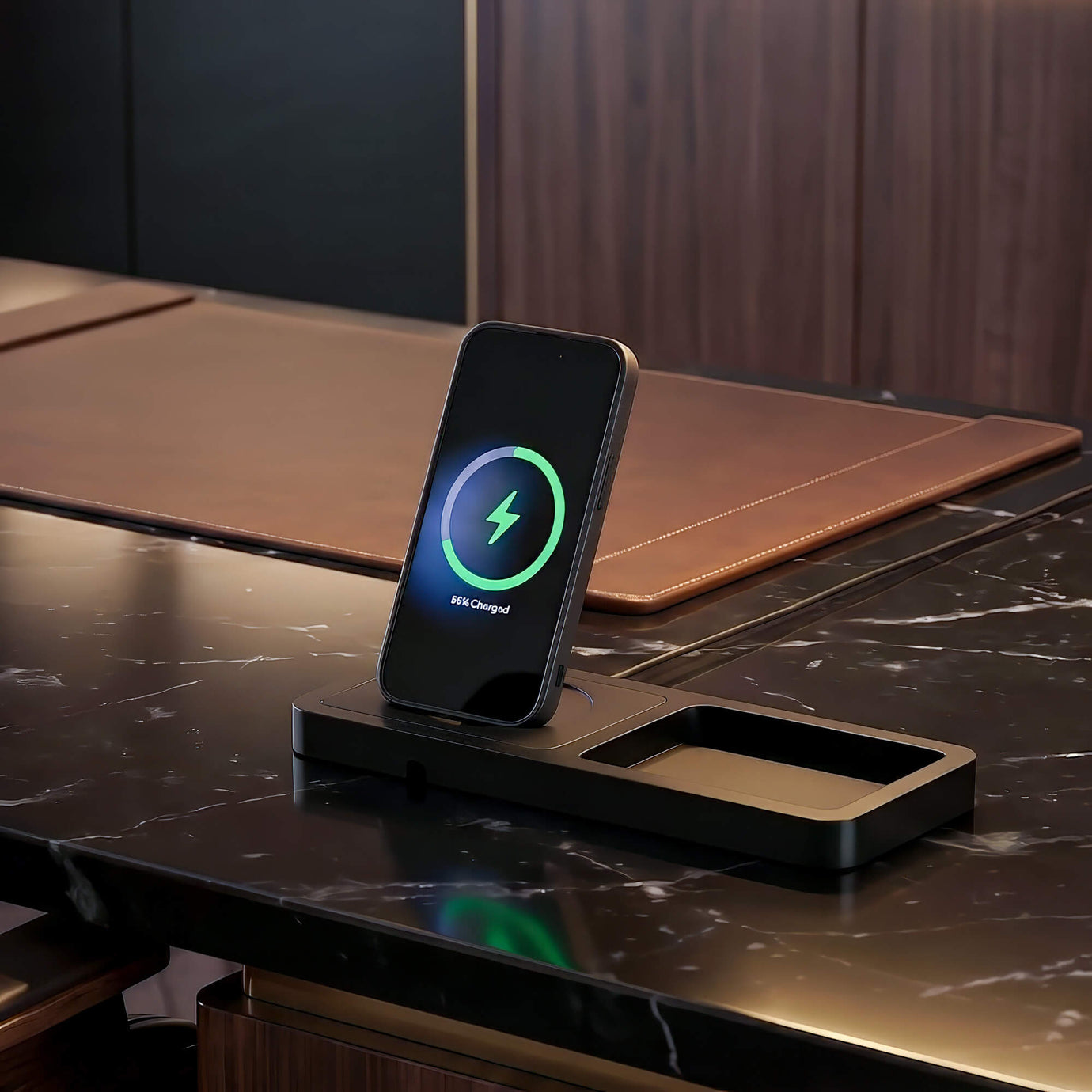 NYTSTND UNO TRAY Qi2.2 Magnetic Wireless Charging Dock — angled product hero view on countertop showing phone on stand