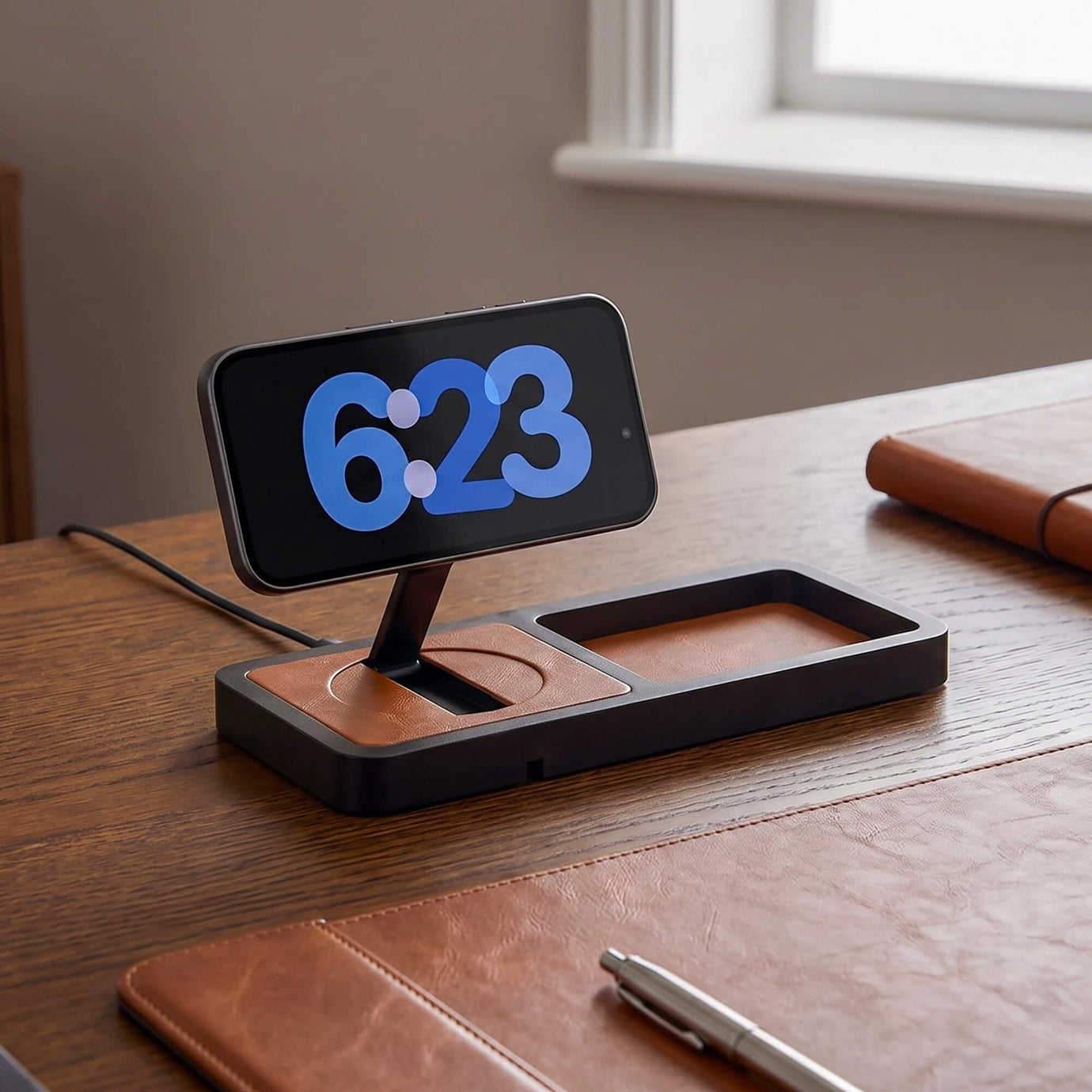 NYTSTND UNO TRAY - Qi2.2 Magnetic Wireless Charging Dock - Saddle Black — angled product hero showing dock on tabletop