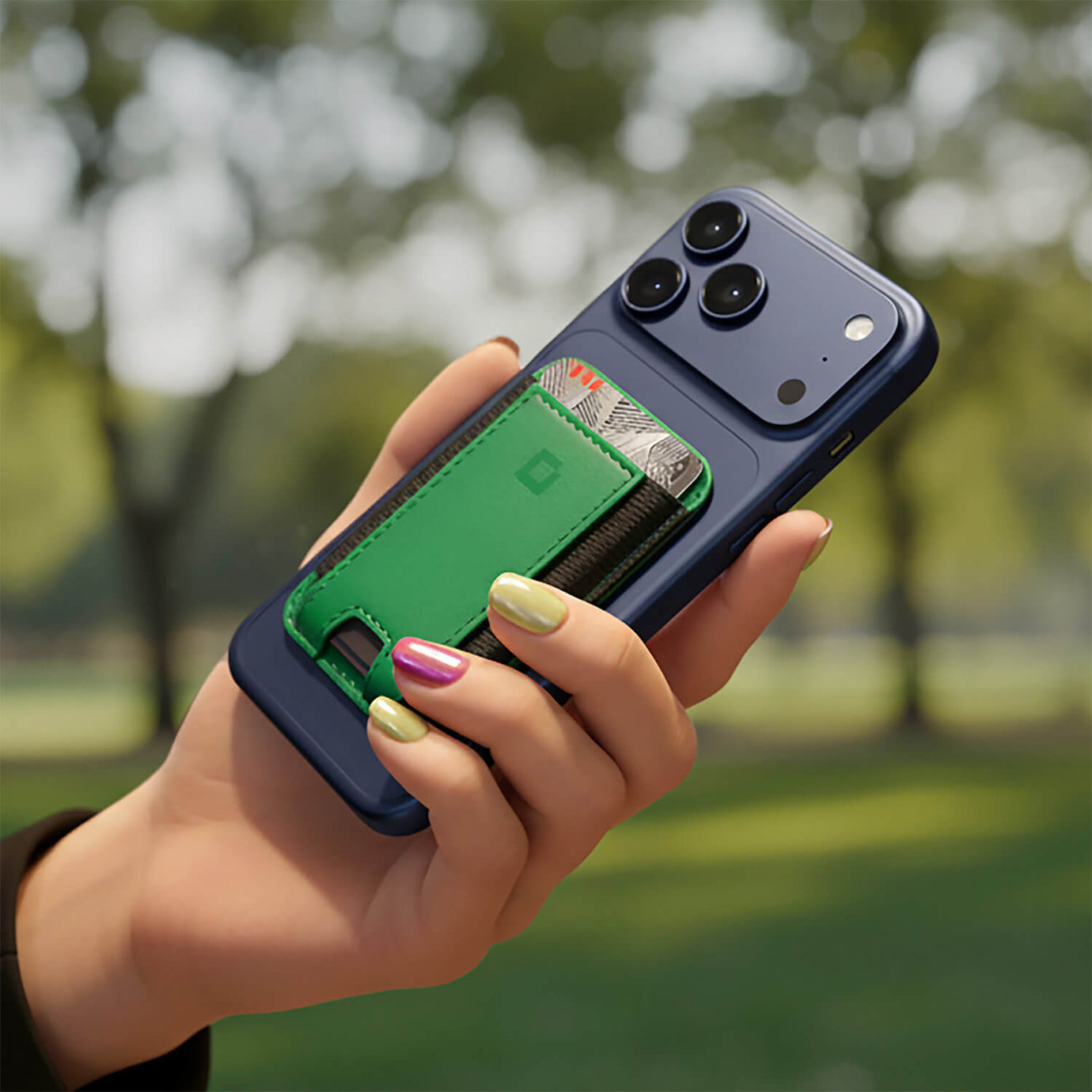 NYTSTND Leather Wallet MagSafe RFID Protection Magnetic Full-Grain Green — angled lifestyle shot on a phone case held in hand