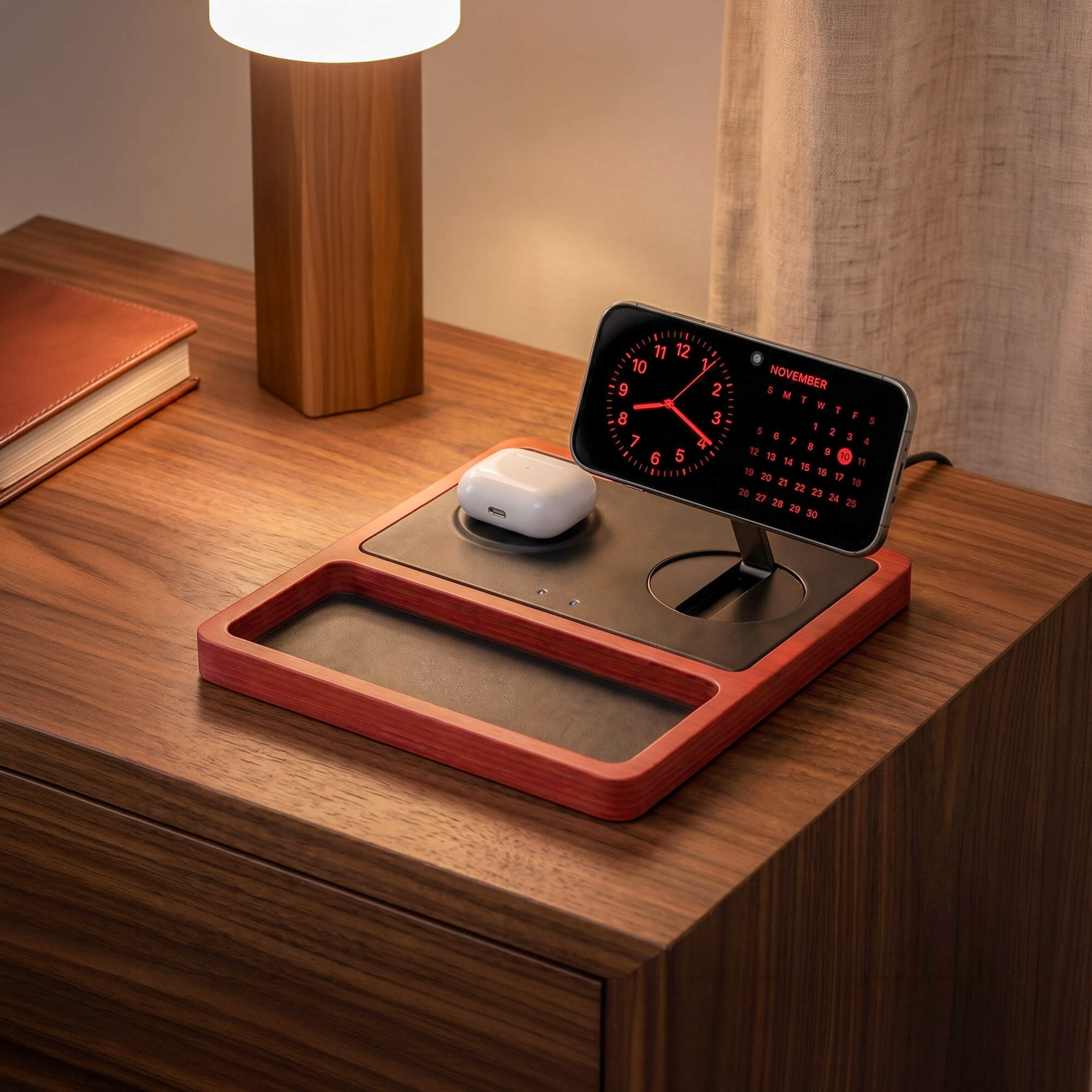 DUO TRAY - Qi2 Magnetic Wireless Charging Dock - Black/Oak