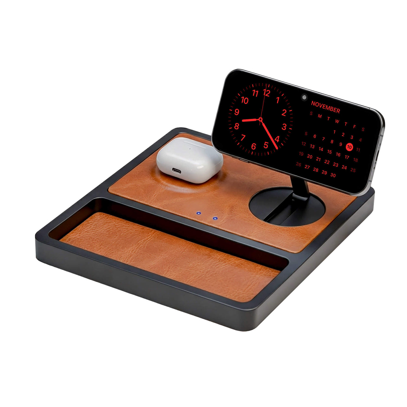 NYTSTND DUO TRAY - Qi2 Magnetic Wireless Charging Dock Saddle/Black — angled product hero view showing dock surface and