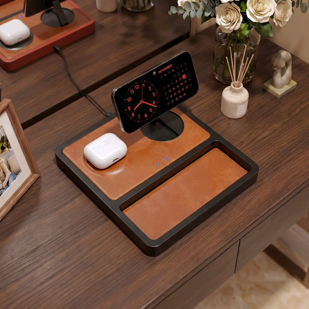 DUO TRAY - Qi2 Magnetic Wireless Charging Dock - Saddle/Black