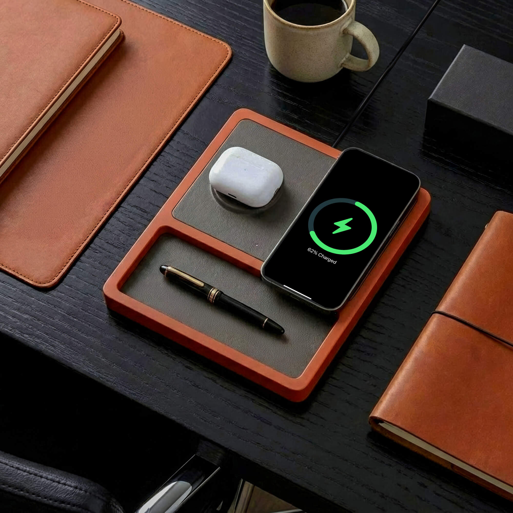 DUO TRAY Black - 2-in-1 MagSafe Oak Wireless Charger with USB-C and A Ports Support