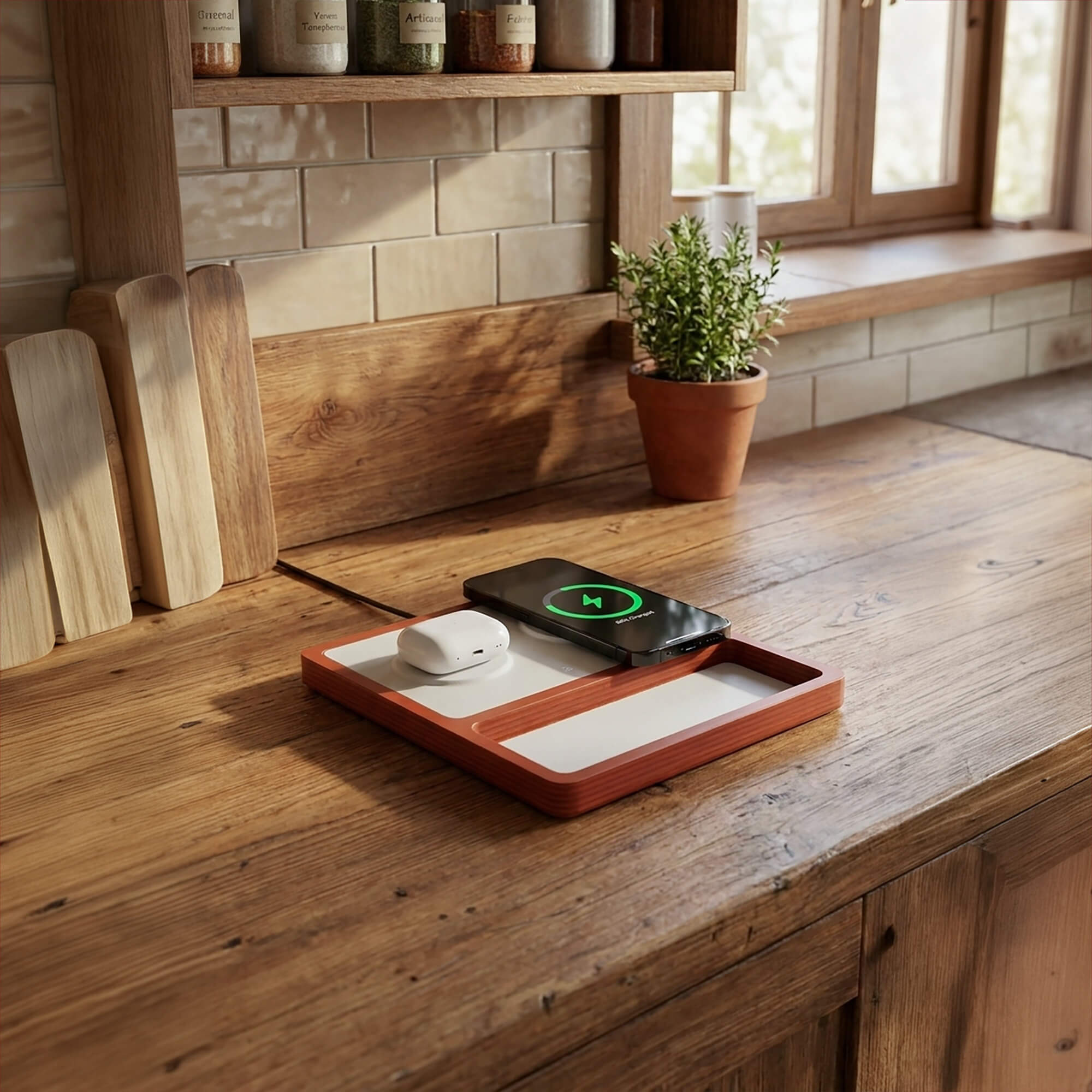 DUO TRAY White - 2-in-1 MagSafe Oak Wireless Charger with USB-C and A Ports Support