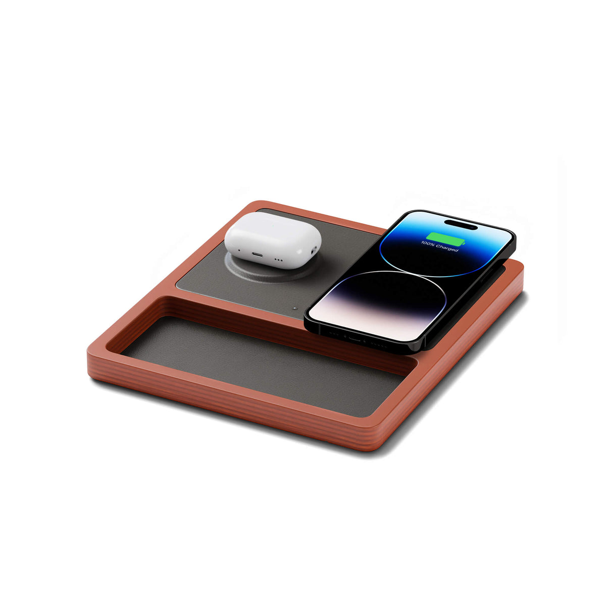 NYTSTND DUO TRAY Black — angled product hero view showing dual MagSafe charging surfaces