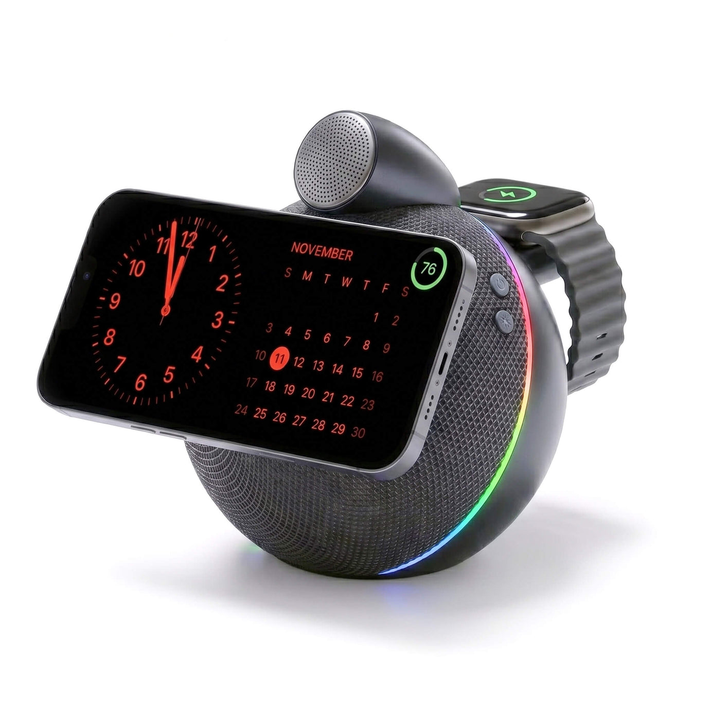 NYTSTND ORBE Qi2.2 Certified Wireless Charging Speaker with Ambient Light — angled product hero showing front/top view