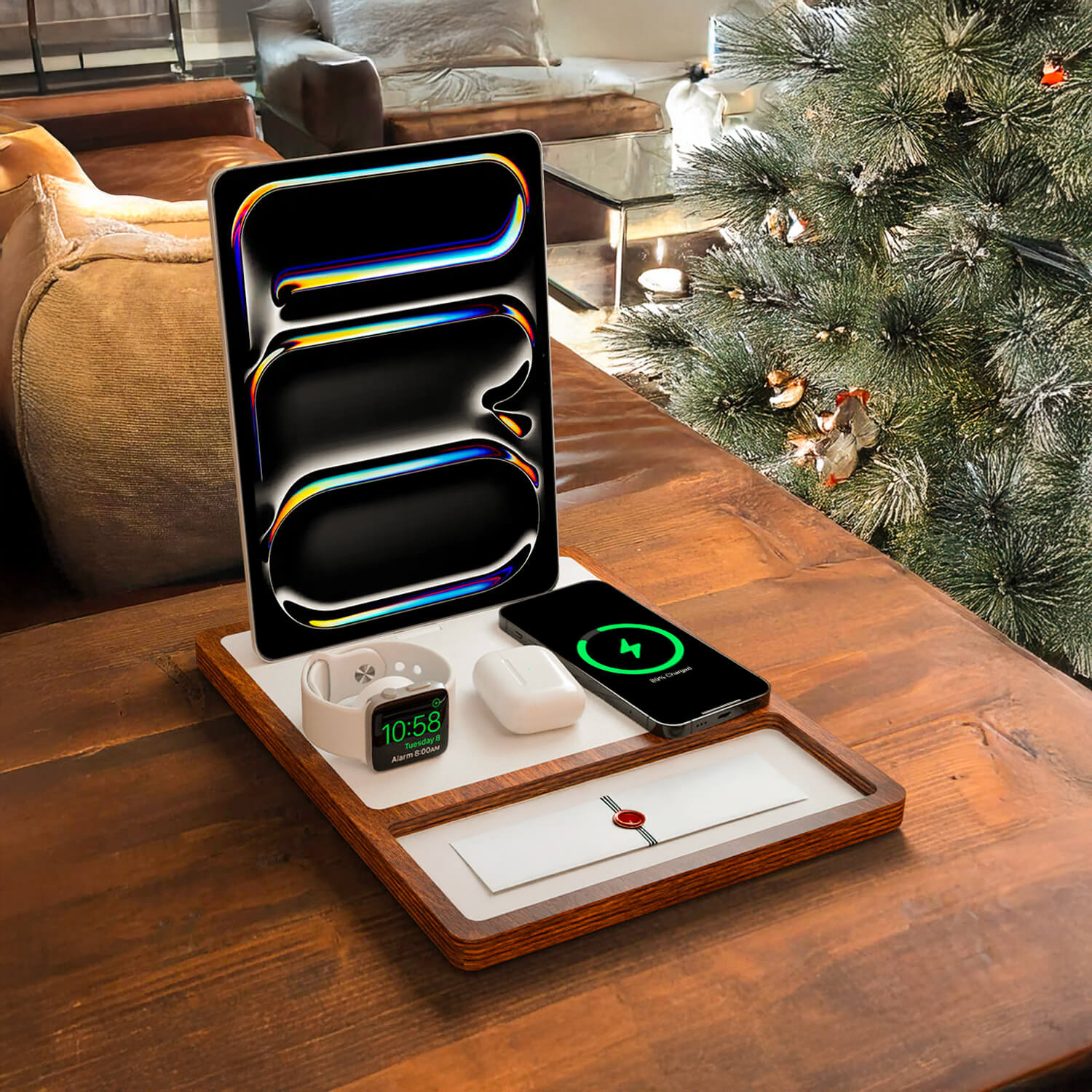 QUAD TRAY White - 4-in-1 MagSafe Oak Wireless Charger with iPad Stand Support