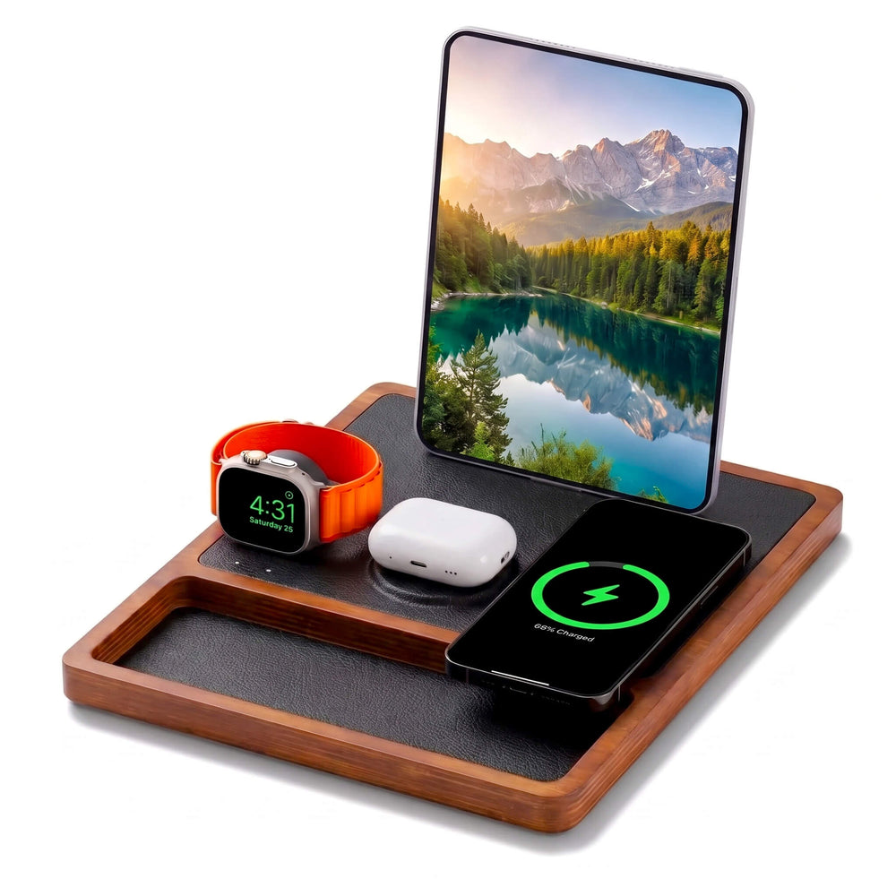 QUAD TRAY Black - 4-in-1 MagSafe Oak Wireless Charger with iPad Stand Support