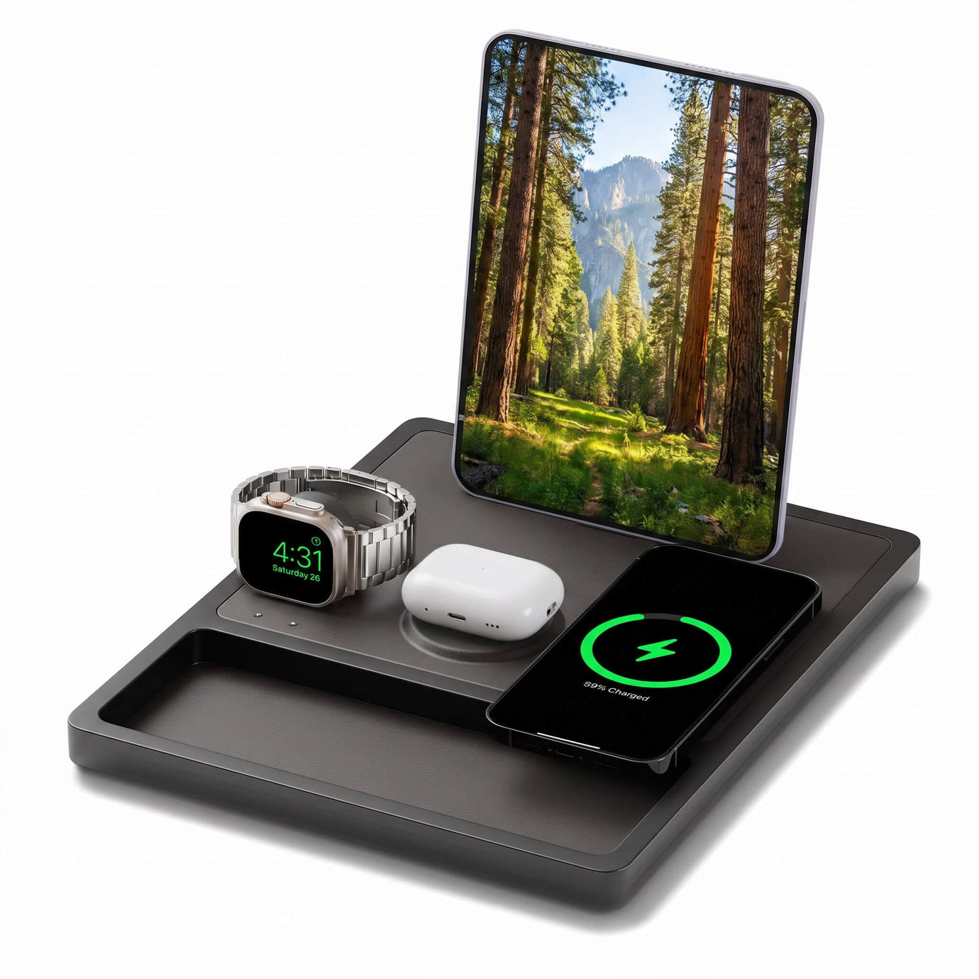 NYTSTND QUAD TRAY 4-in-1 MagSafe Midnight Black — angled product hero showing charger with devices placed on stations