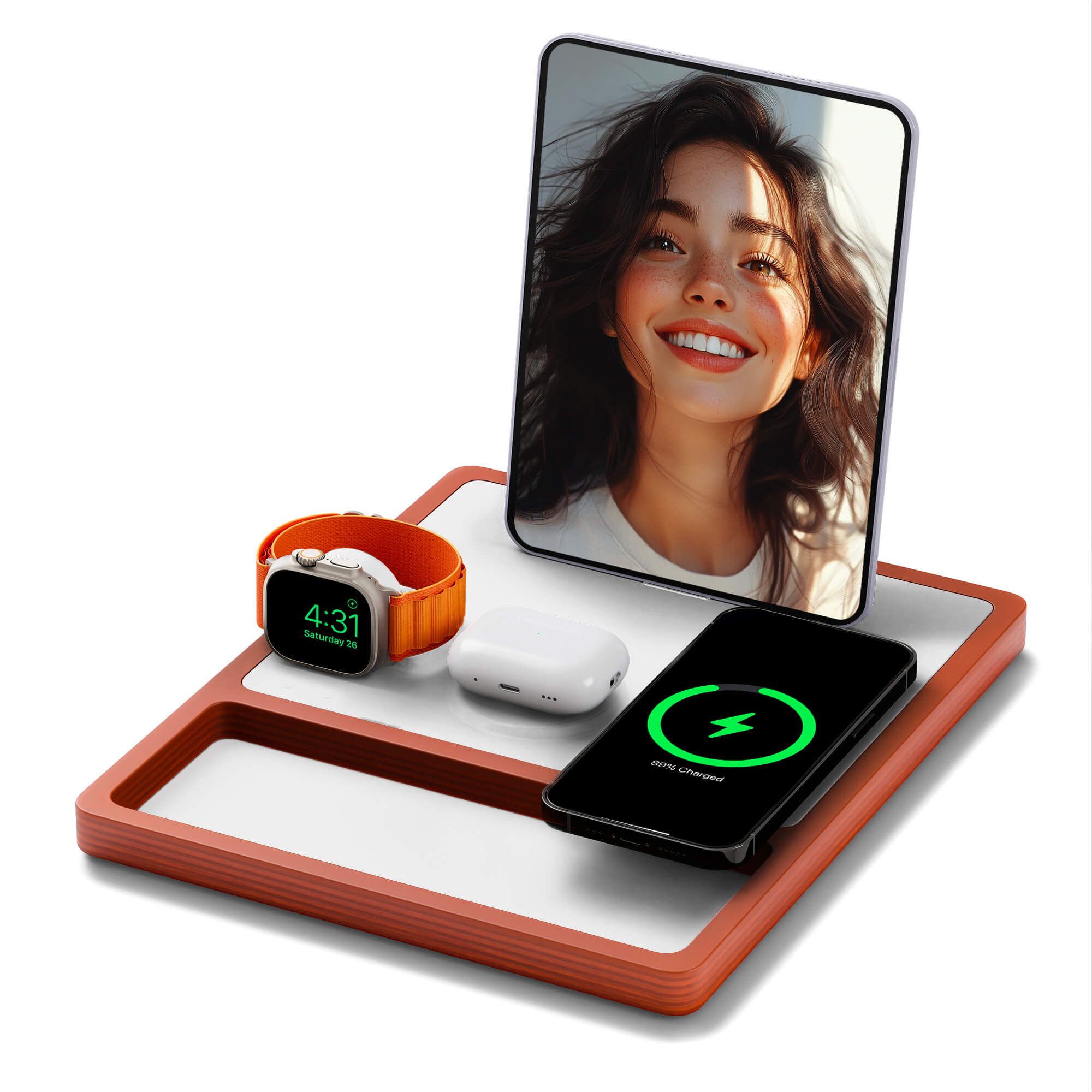 QUAD TRAY White - 4-in-1 MagSafe Oak Wireless Charger with iPad Stand Support