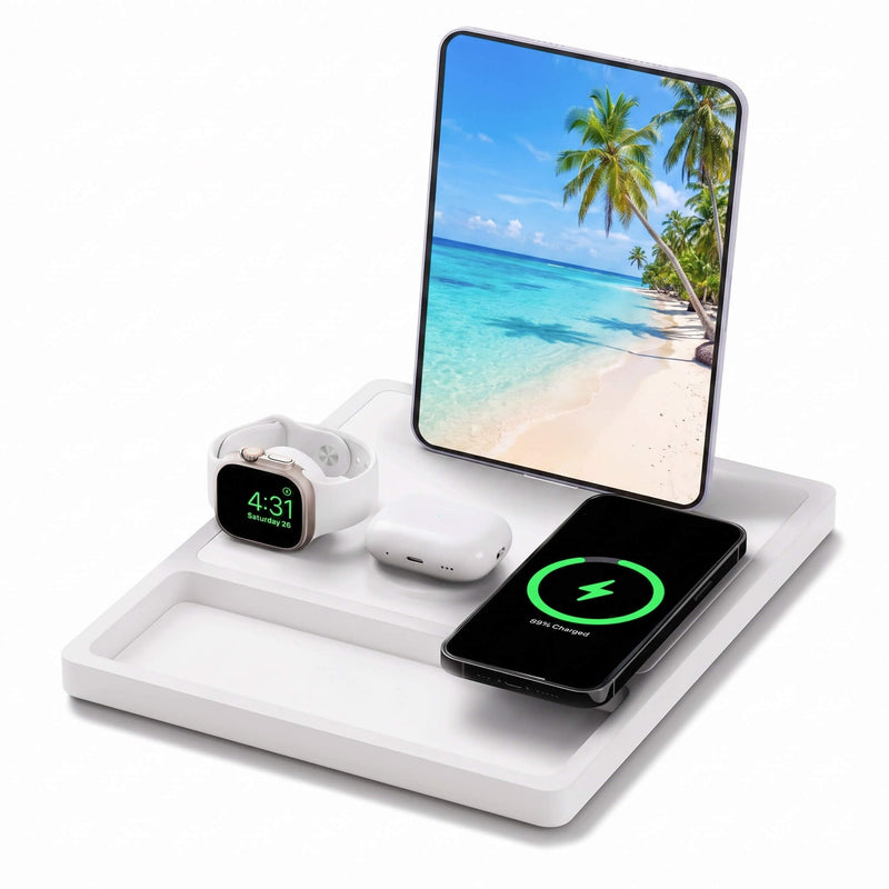 QUAD TRAY White - 4-in-1 MagSafe Rustic White Wireless Charger with iPad Stand Support