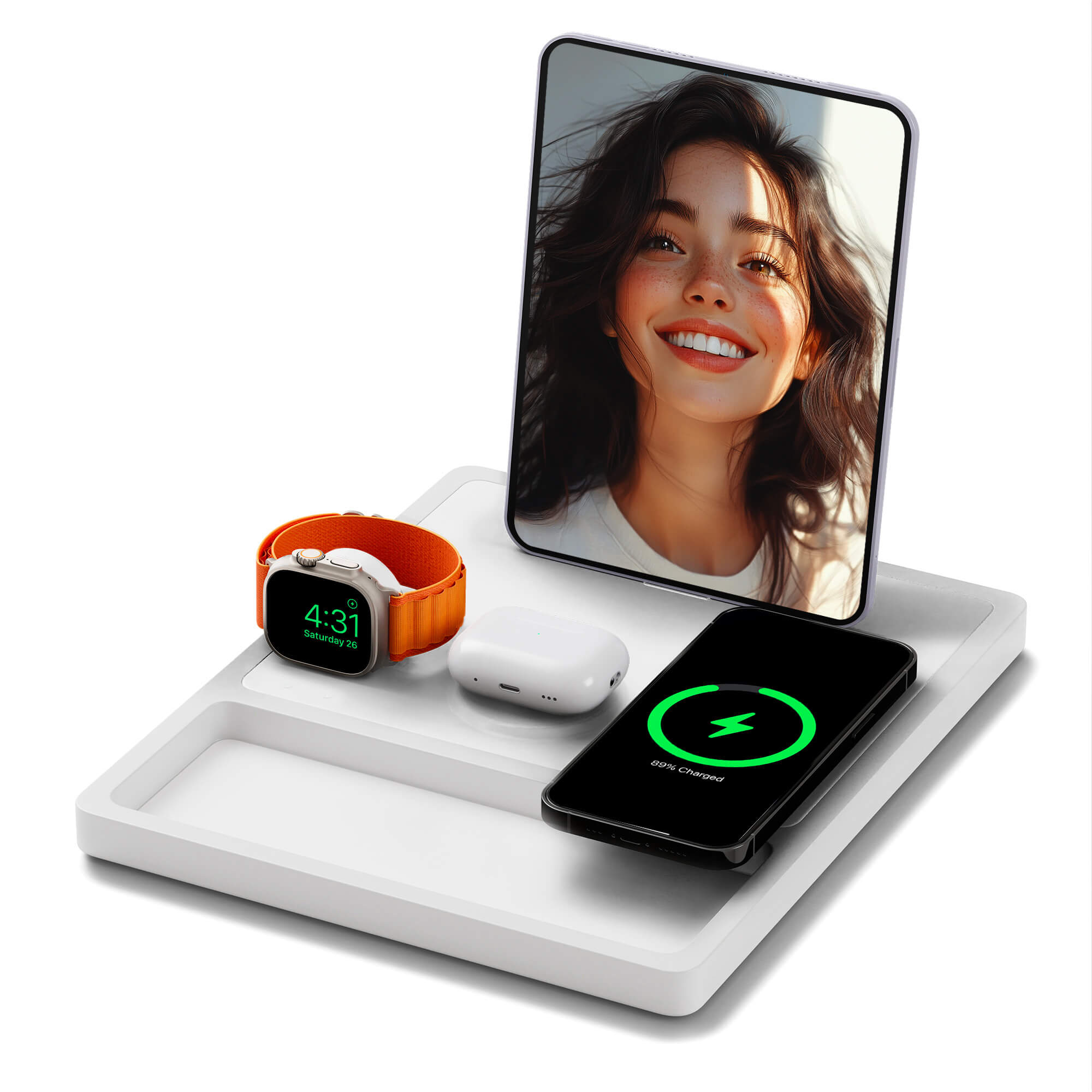 QUAD TRAY White - 4-in-1 MagSafe Rustic White Wireless Charger with iPad Stand Support