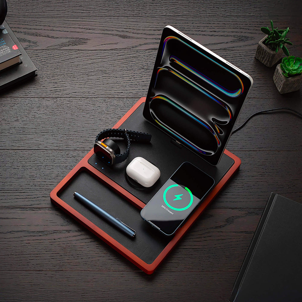 QUAD TRAY Black - 4-in-1 MagSafe Oak Wireless Charger with iPad Stand Support