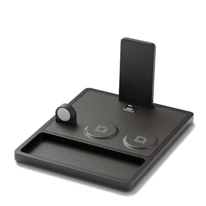 QUAD TRAY Black - 4-in-1 MagSafe Midnight Black Wireless Charger with iPad Stand Support angle view without devices