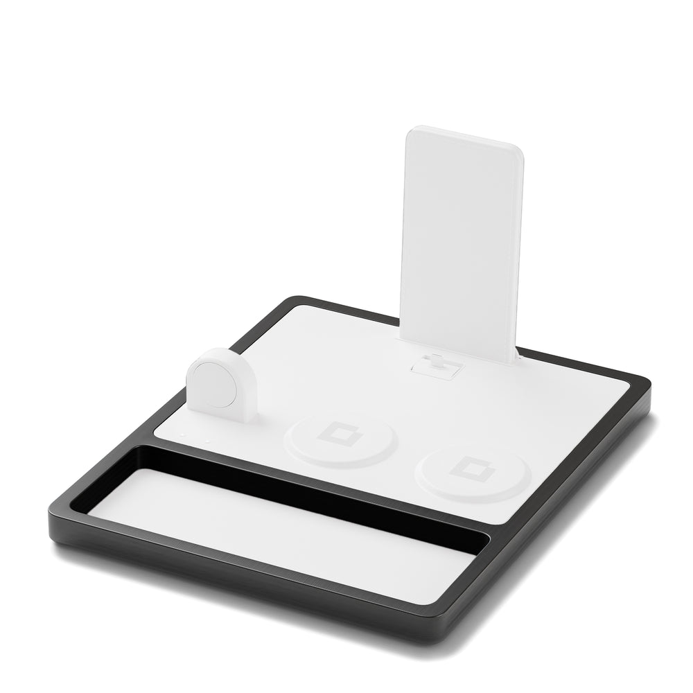 QUAD TRAY White - 4-in-1 MagSafe Midnight Black Wireless Charger with iPad Stand Support angle view without devices