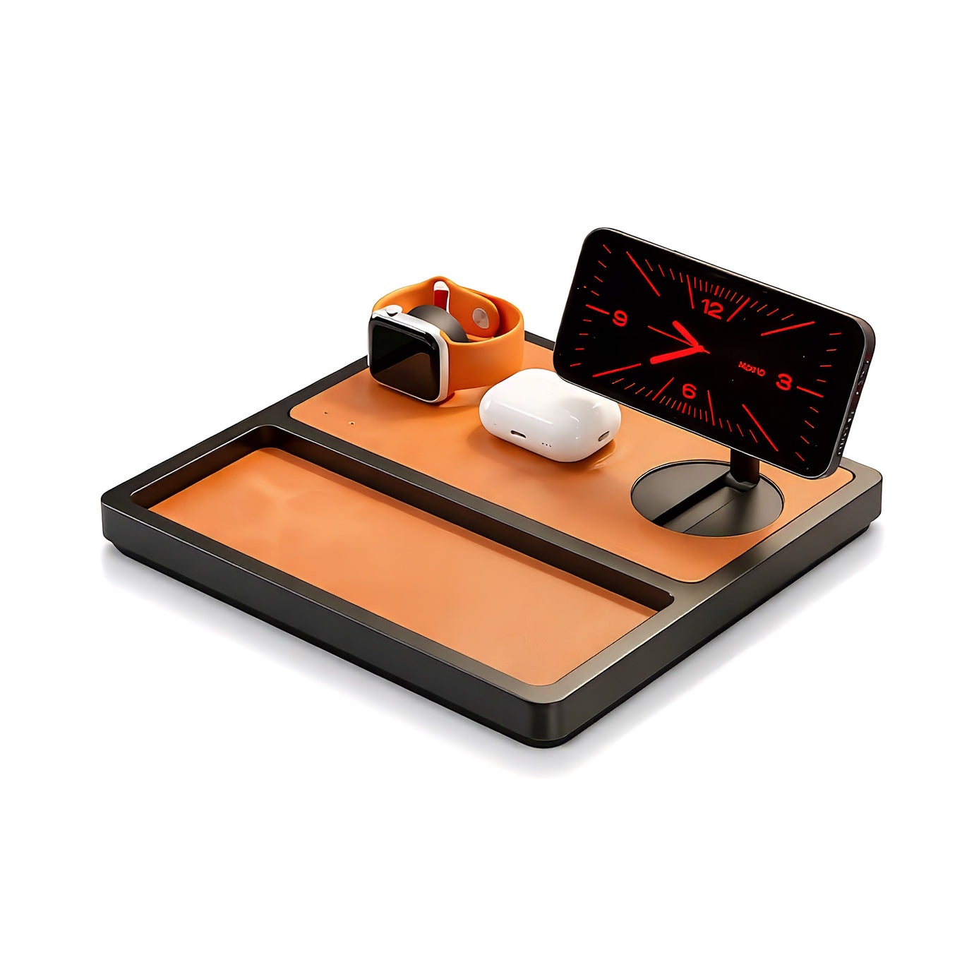 NYTSTND TRIO TRAY Qi2 3-in-1 MagSafe Saddle Brown on Black — angled product hero shot showing tray with phone stand and