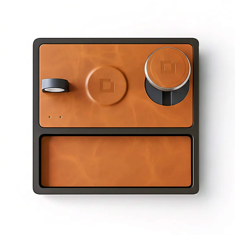 TRIO TRAY Qi2 - 3-in-1 MagSafe Saddle Brown on Black Wireless Charger with Tray, Lift-Up Coil & Apple Watch Charger
