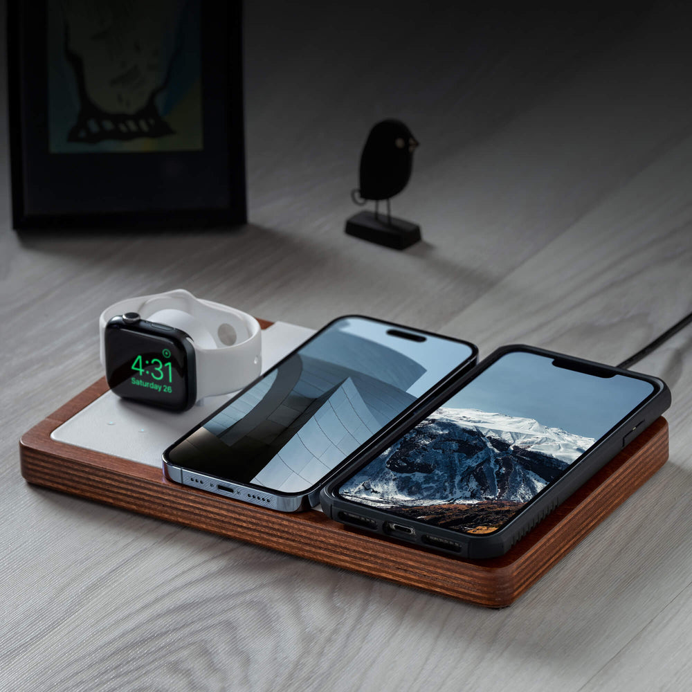 TRIO White - 3-in-1 MagSafe Oak Wireless Charger with Apple Watch Support angle view lifestyle picture