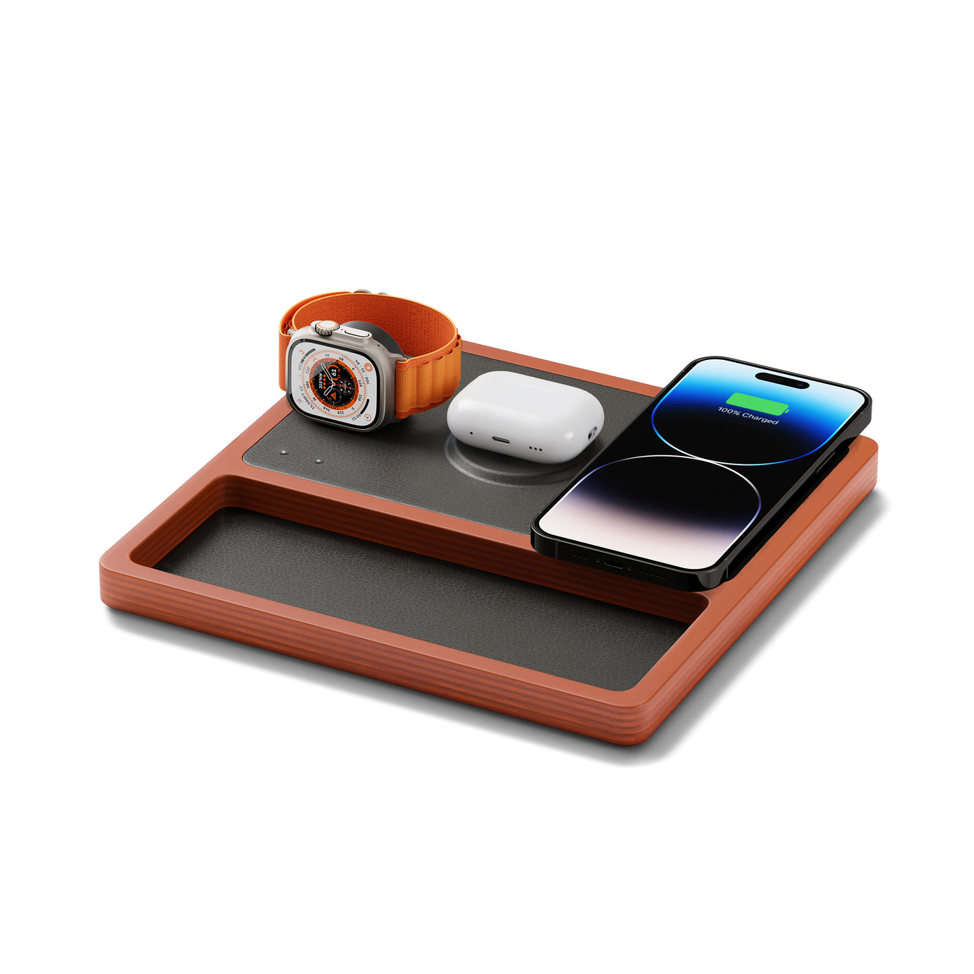 NYTSTND TRIO TRAY 3‑in‑1 MagSafe Oak Wireless Charger with Apple Watch Charging — angled product hero shot