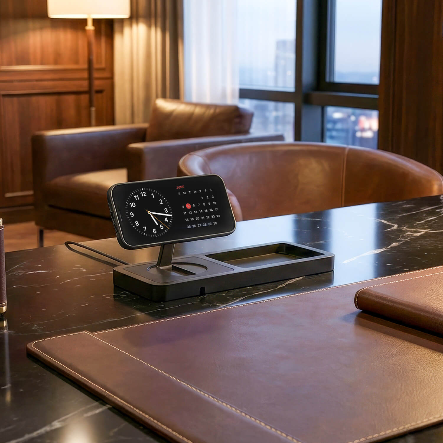 NYTSTND UNO TRAY Qi2.2 Magnetic Wireless Charging Dock — angled lifestyle shot shown on a desk charging station