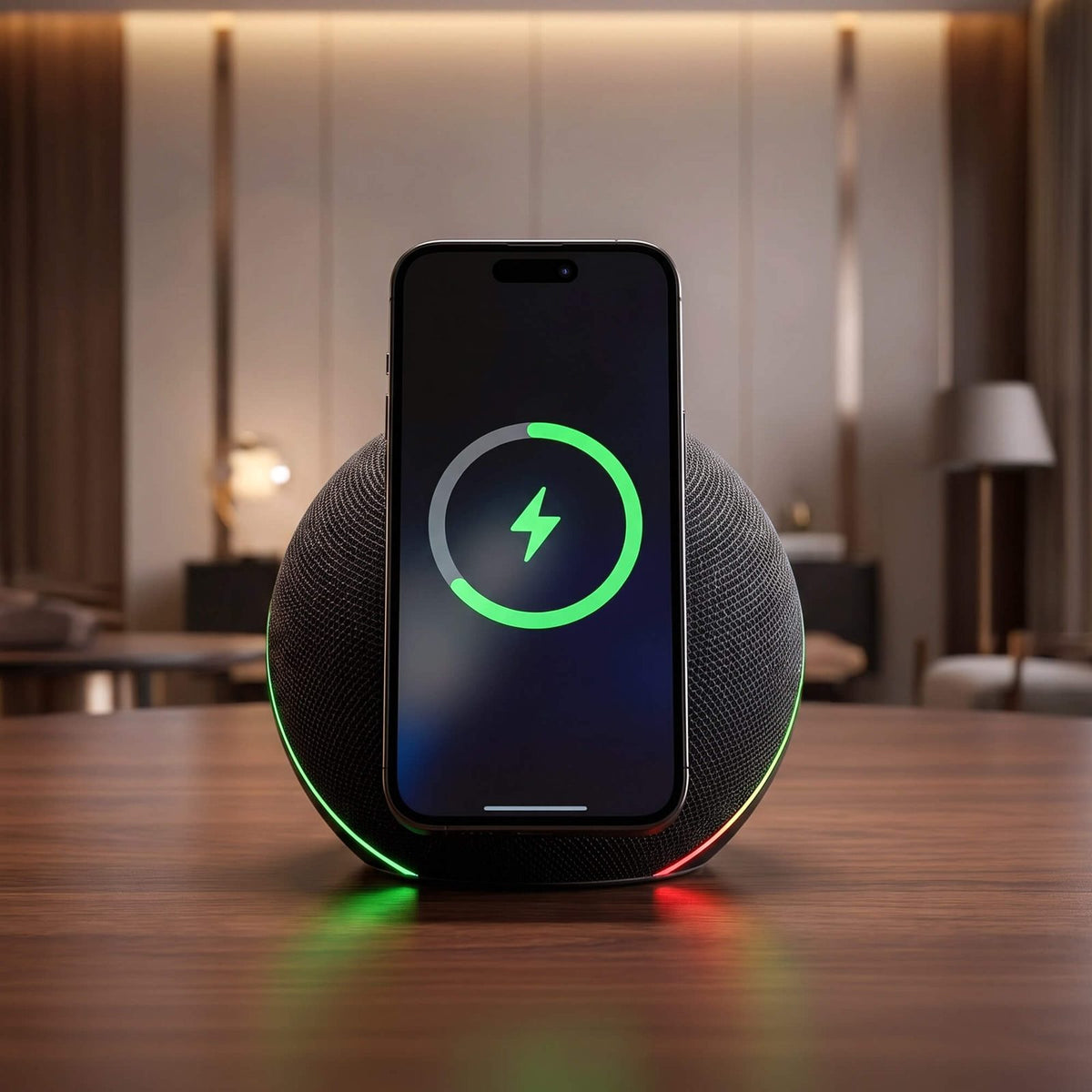ORBE Audio wireless charging speaker holding a phone