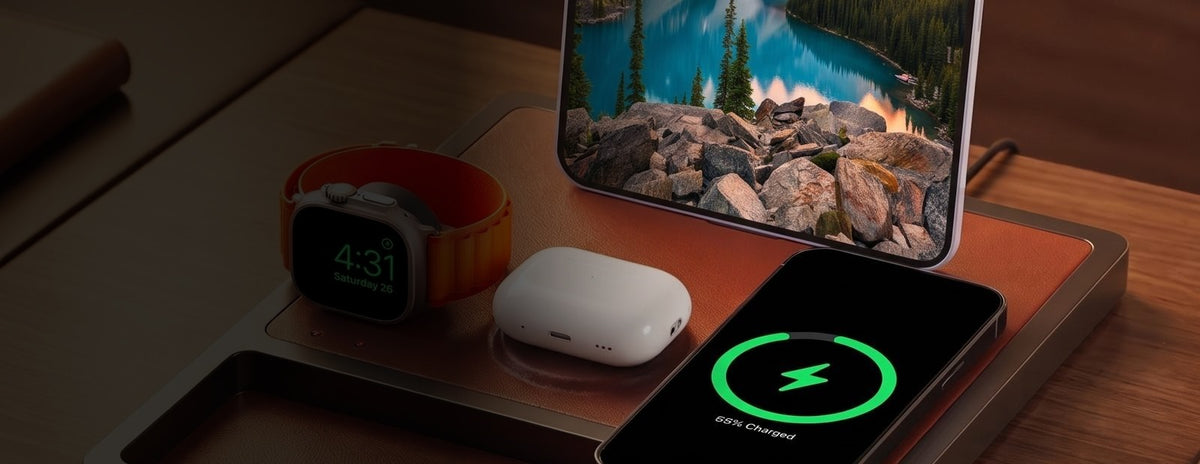 NYTSTND leather and wood charging station with phone, watch, earbuds and tablet