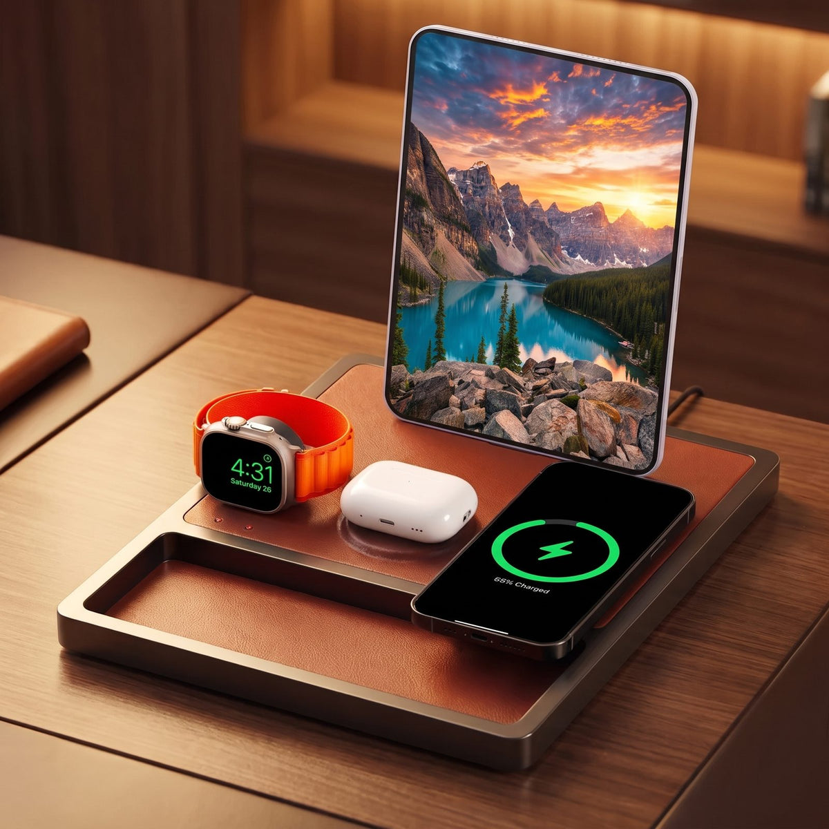 NYTSTND leather and wood charging station with phone, watch, earbuds and tablet
