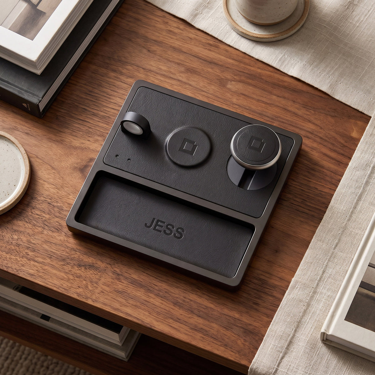 NYTSTND charging station personalized with laser-engraved initials