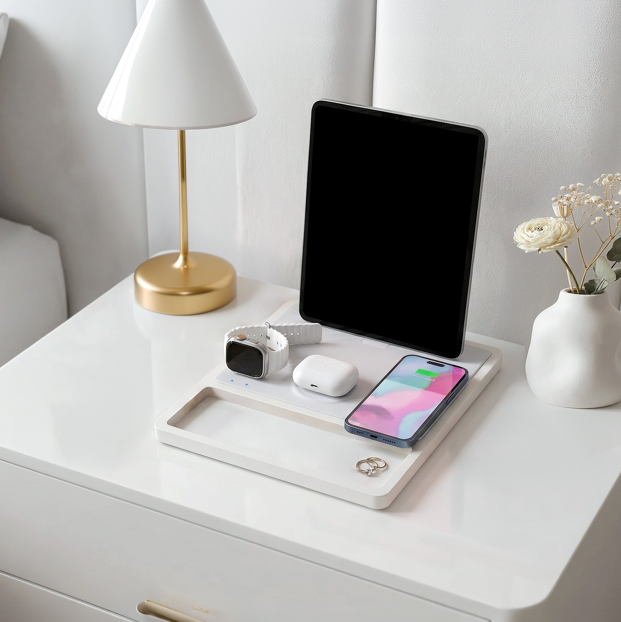 QUAD TRAY White - 4-in-1 MagSafe Rustic White Wireless Charger with iPad Stand Support