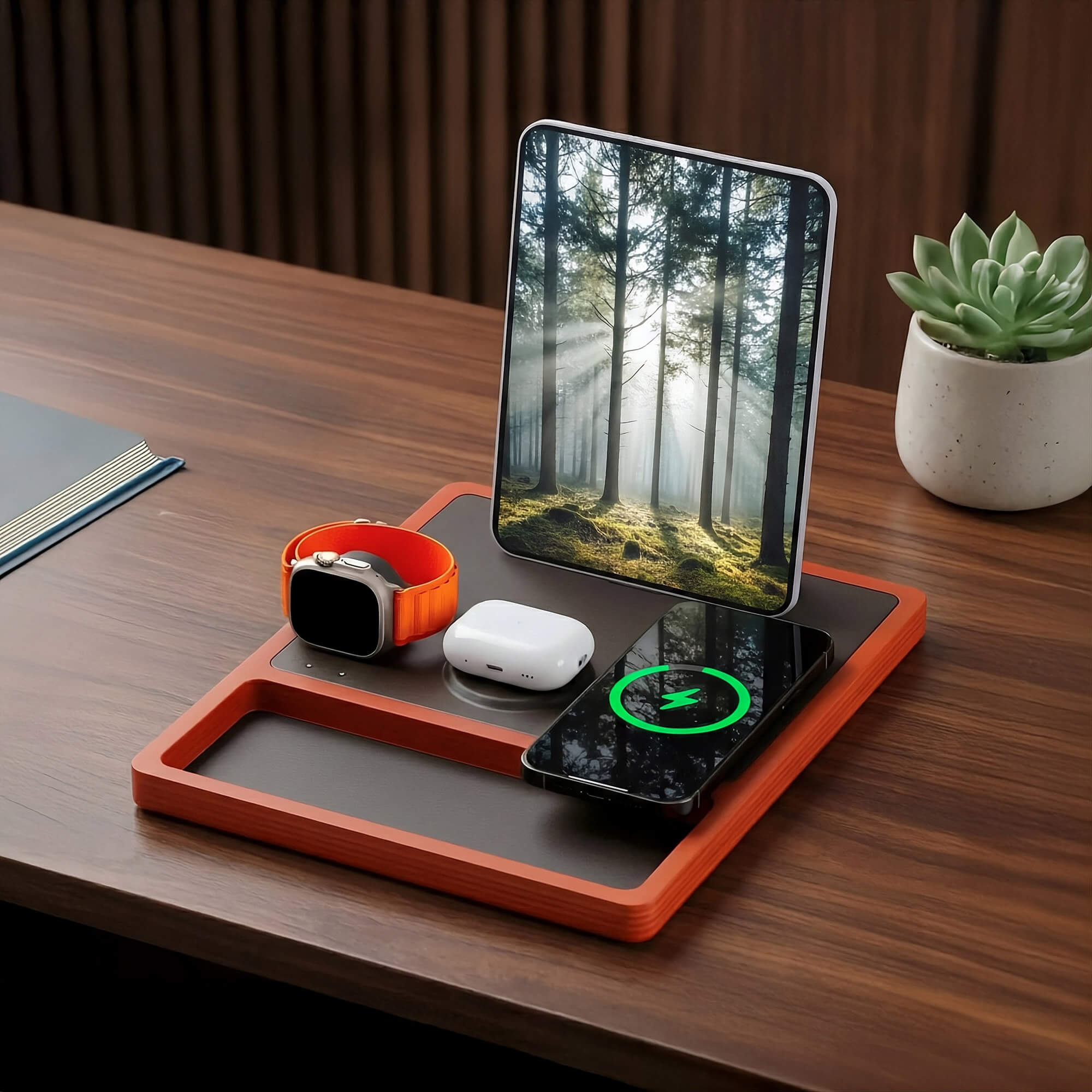 QUAD TRAY Black - 4-in-1 MagSafe Oak Wireless Charger with iPad Stand Support
