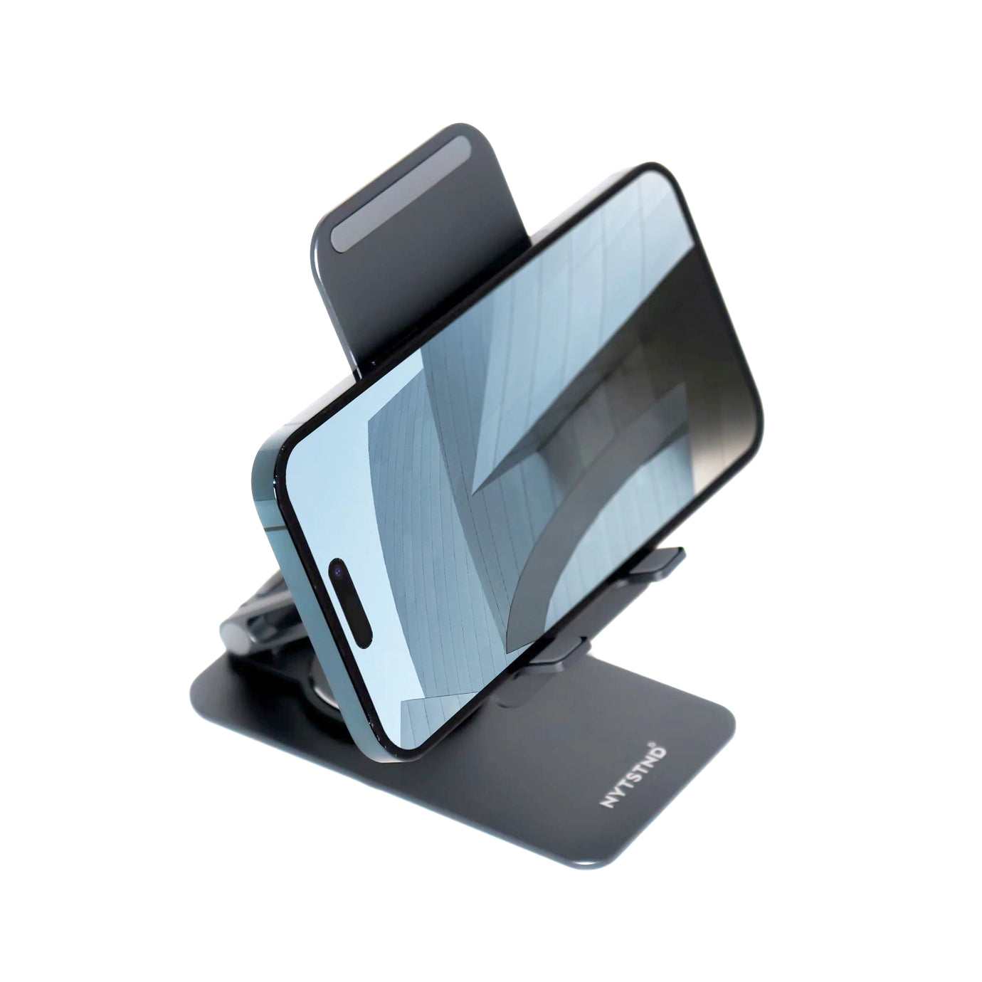 NYTSTND 360° Rotatable Aluminum Alloy Phone and Mini Tablet Stand with Silicone Pad — angled product hero showing front and