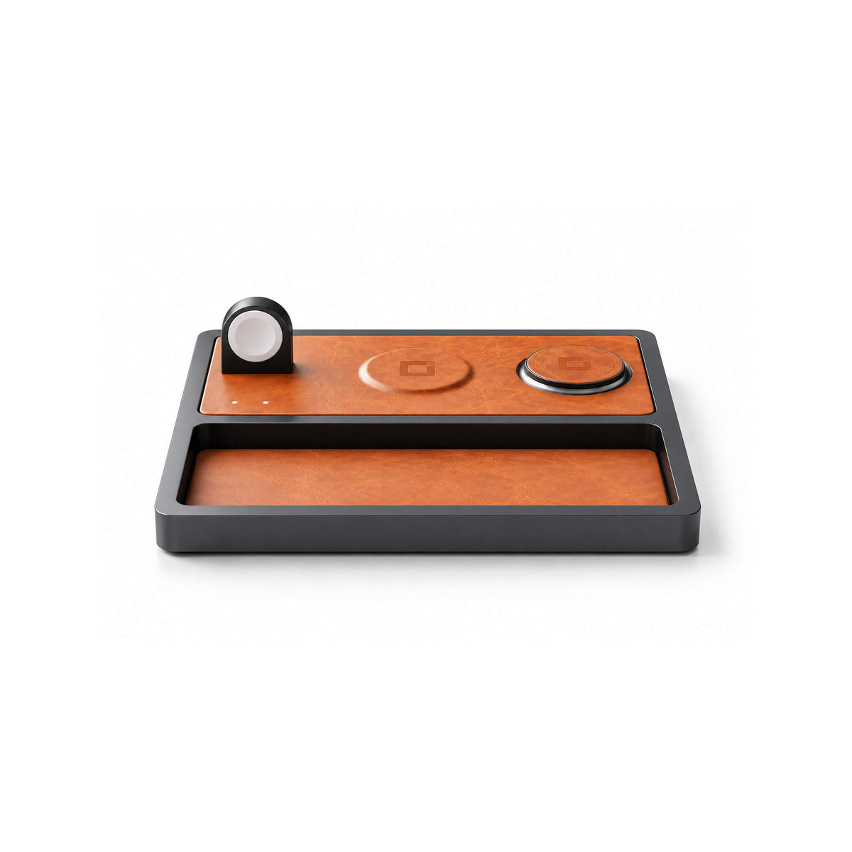 TRIO TRAY Qi2 - 3-in-1 MagSafe Saddle Brown on Black Wireless Charger with Tray, Lift-Up Coil & Apple Watch Charger
