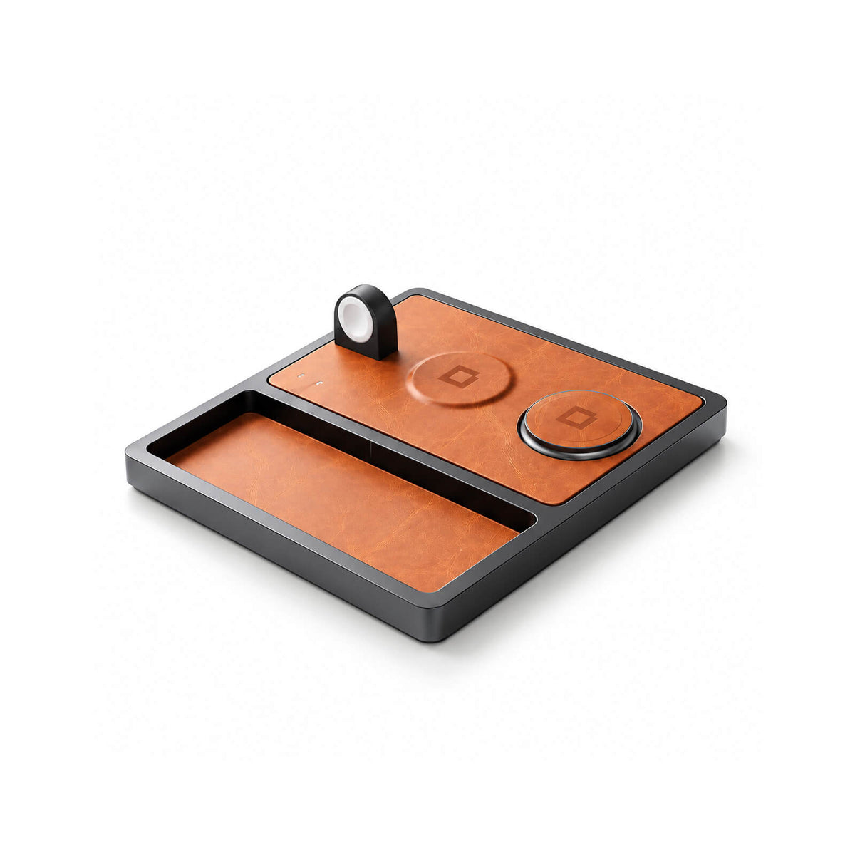 TRIO TRAY Qi2 - 3-in-1 MagSafe Saddle Brown on Black Wireless Charger with Tray, Lift-Up Coil & Apple Watch Charger