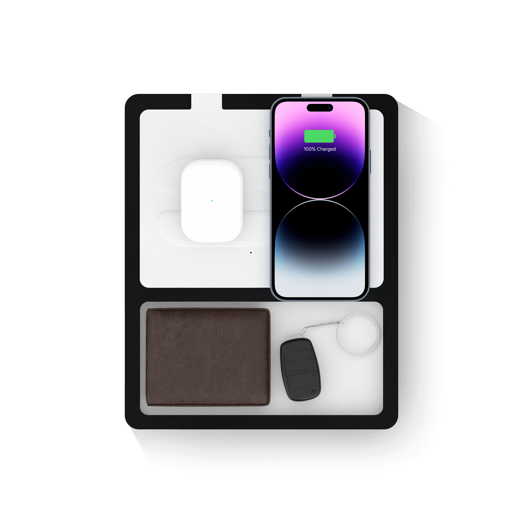 NYTSTND |DUO TRAY white leather top, black midnight black, front view with devices