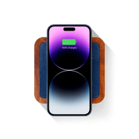 UNO Alcantara Blue - Single-Coil MagSafe Oak Wireless Charger front View, charging iPhone