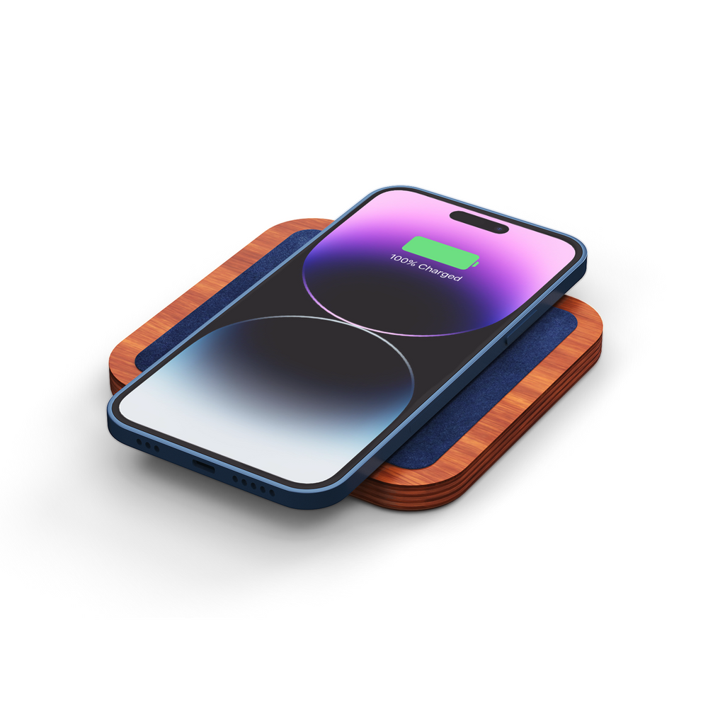UNO Alcantara Blue - Single-Coil MagSafe Oak Wireless Charger Angle View, charging iPhone