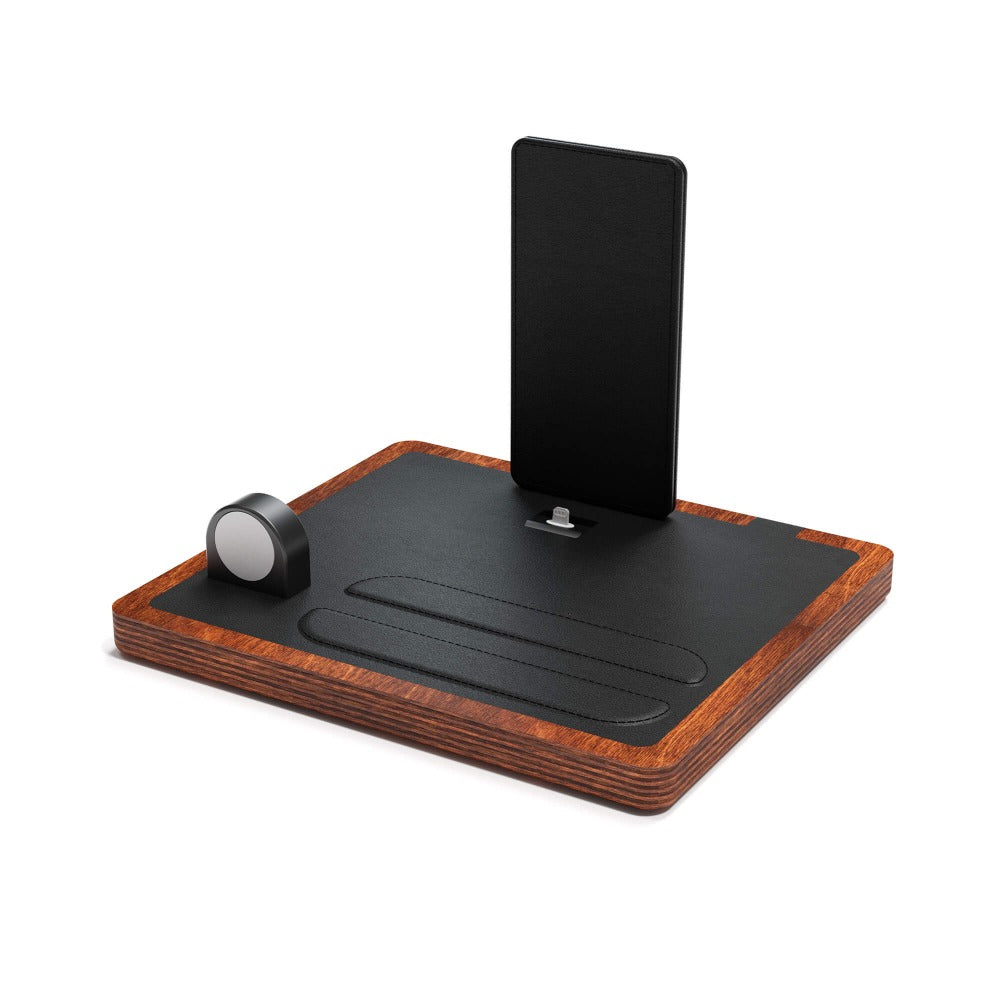 NYTSTND QUAD black leather top, oak wood base angle view without devices