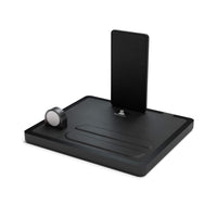 NYTSTND QUAD black leather top, midnight black wood base angle view without devices