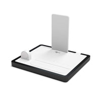 NYTSTND QUAD white leather top, midnight black wood base, angle view without devices