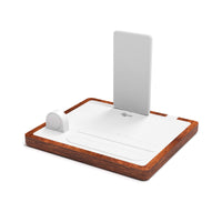NYTSTND QUAD white leather top, oak  wood base, angle view without devices