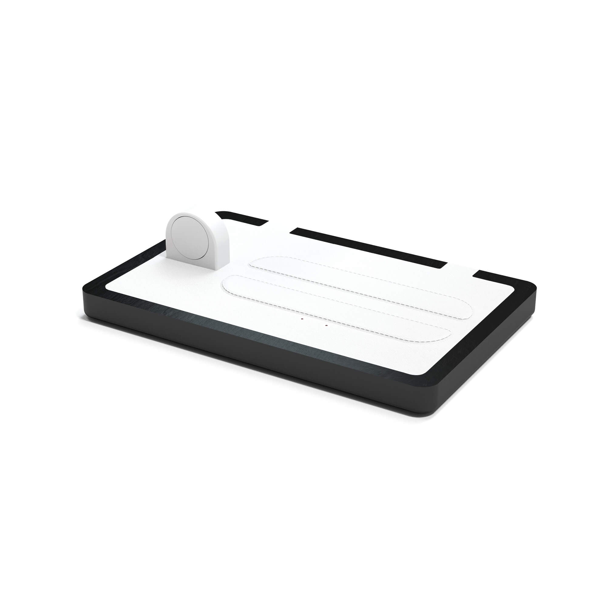 NYTSTND TRIO white leather top, Midnight black wood base, angle view without devices rustic white