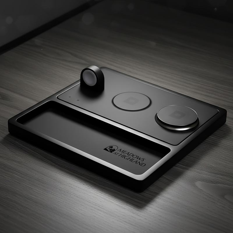 Black dock engraved with a client logo